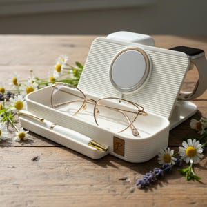 Personalized Charging Dock Station Laser Engraved Initial Wood Insert MagSafe Compatible Device Holder Stand iPhone Watch AirPods Organizer Desk Accessory System Cable Management Solution Tech Gift Idea Modern Design Functional Storage