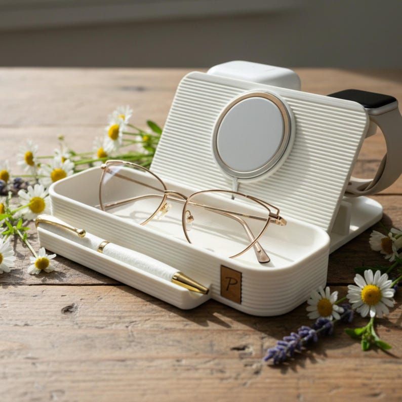 Personalized Charging Dock Station Laser Engraved Initial Wood Insert MagSafe Compatible Device Holder Stand iPhone Watch AirPods Organizer Desk Accessory System Cable Management Solution Tech Gift Idea Modern Design Functional Storage