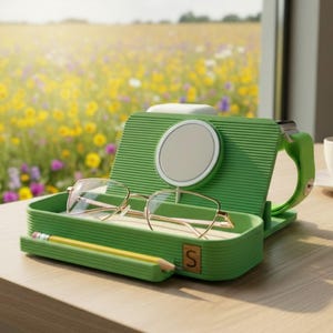 MagSafe Charging Dock Station Apple Device Holder Stand iPhone Watch AirPods Charger Personalized Wood Insert Laser Engraved Initial Modern Desk Accessory Organization System Cable Management Solution Tech Accessory Storage Multiple Color Choose Options of Pen and Eyeglass Tray Liner
