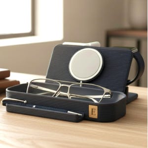 Personalized Charging Dock Station Laser Engraved Initial Wood Insert MagSafe Compatible Device Holder Stand iPhone Watch AirPods Organizer Desk Accessory System Cable Management Solution Tech Gift Idea Modern Design Functional Storage