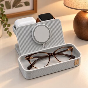 Op de afbeelding: Een lichtgrijs oplaadstation voor meerdere apparaten met een geribbelde textuur, voorzien van een ronde magnetische oplader, een sleuf voor draadloze oordopjes, ruimte voor een smartwatch en een voorvak met een bruine bril met de letter J.