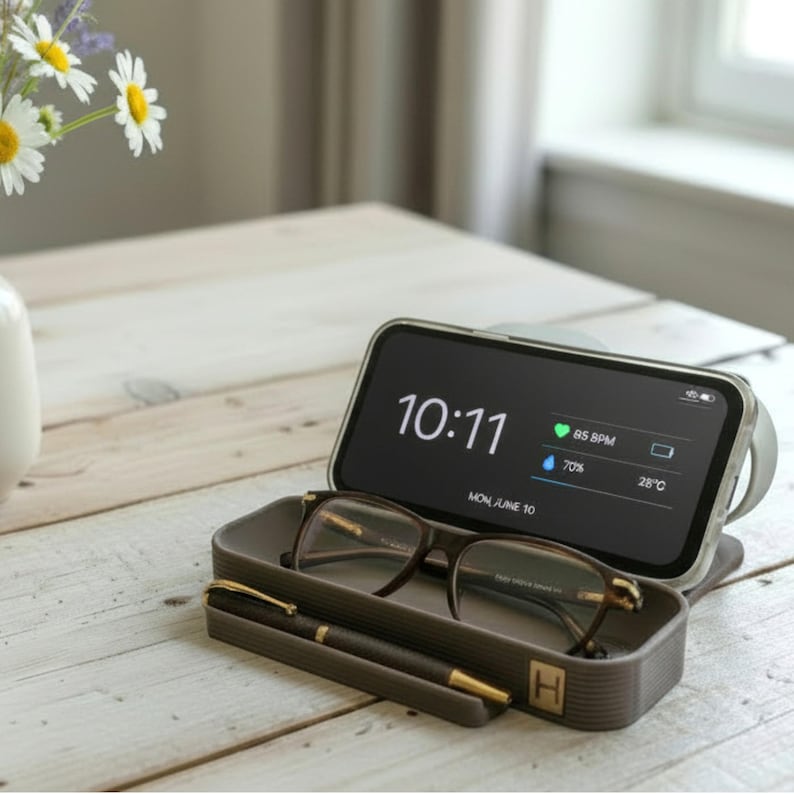Apple Device Organizer Stand MagSafe Charging Dock Station Cable Management System Personalized Wood Insert Laser Engraved Initial Tech Accessory Holder iPhone Watch AirPods Compatible Modern Design Desk Organization Solution Nightstand