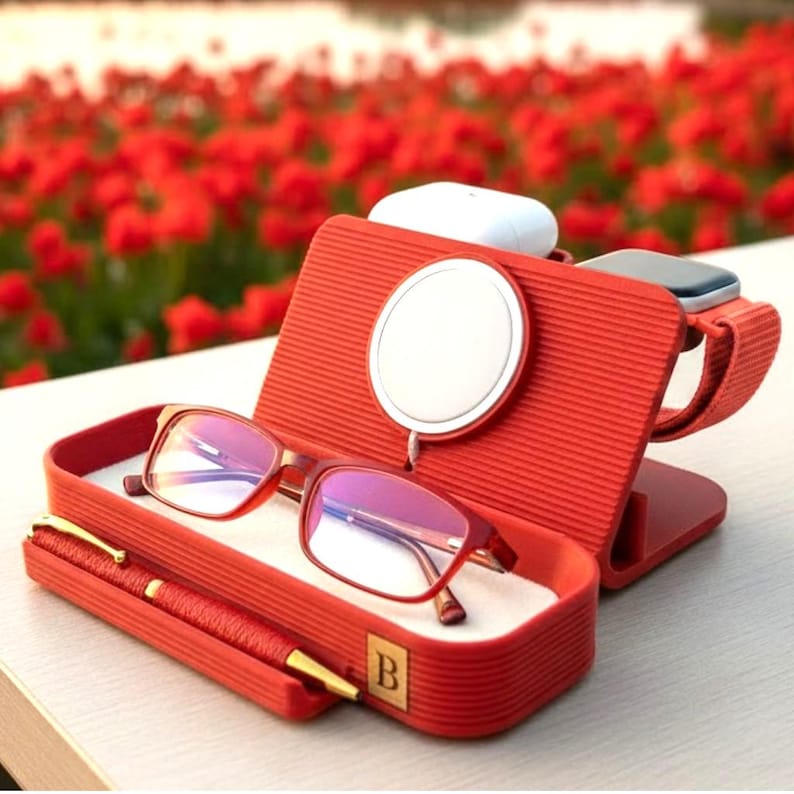 Modern Design Charging Station Personalized Device Holder Stand MagSafe Compatible Dock System Cable Management Solution Wood Insert Laser Engraved Initial Multiple Color Options iPhone Watch AirPods Organizer Desk Accessory Tech Storage Options include Eyeglass Tray Liner and Slimline Pen