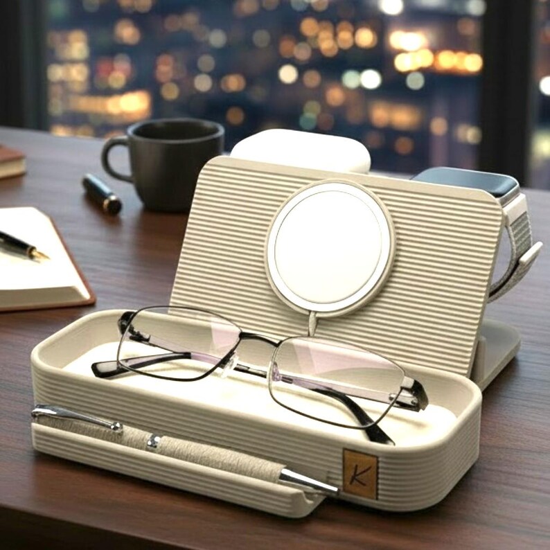 Personalized Charging Dock Station Laser Engraved Initial Wood Insert MagSafe Compatible Device Holder Stand iPhone Watch AirPods Organizer Desk Accessory System Cable Management Solution Tech Gift Idea Modern Design Functional Storage Eyeglass Tray Liner and Slimline Pen May be Added to complete Gift