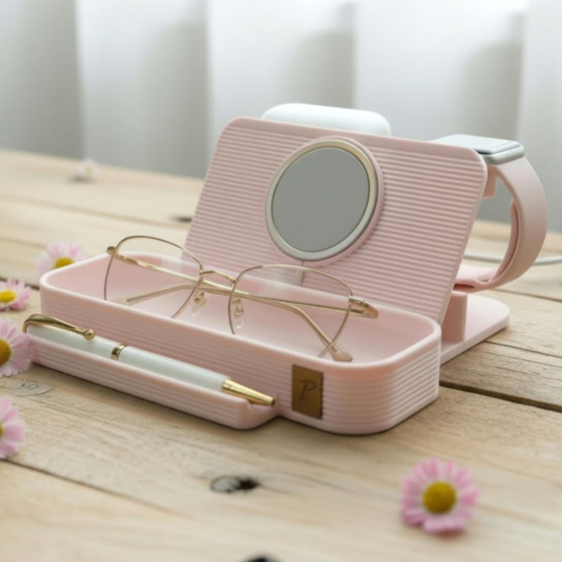 MagSafe Charging Dock Station Apple Device Holder Stand iPhone Watch AirPods Charger Personalized Wood Insert Laser Engraved Initial Modern Desk Accessory Organization System Cable Management Solution Tech Accessory Storage Multiple Color Optional Pen