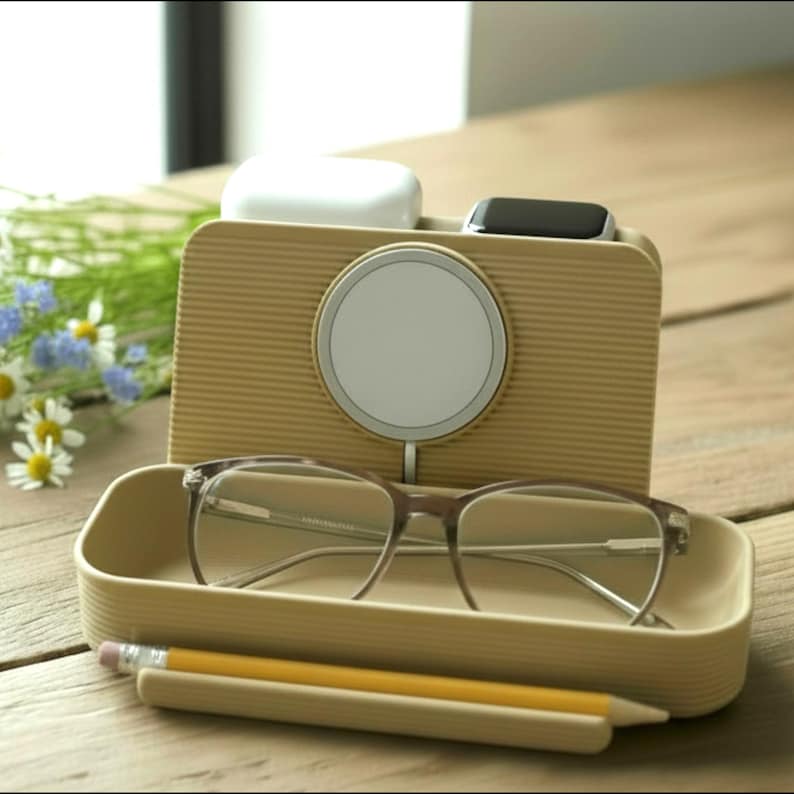 Apple Device Organizer Stand MagSafe Charging Dock Station Cable Management System Personalized Wood Insert Laser Engraved Initial Tech Accessory Holder iPhone Watch AirPods Compatible Modern Design Desk Organization Solution Nightstand