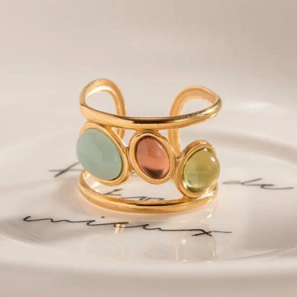 Unique Retro Colorful Stainless Steel Plating Inlay Glass 18K Gold Plated Open Ring, Fun Ring, Gift for Her, Eclectic Ring, Everyday Jewelry