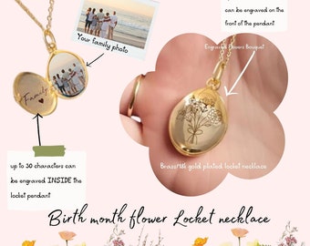 Family photo locket necklace, Engraved Birth Month Flowers Bouquet,Custom text inside the locket -18k gold plated brass jewelry