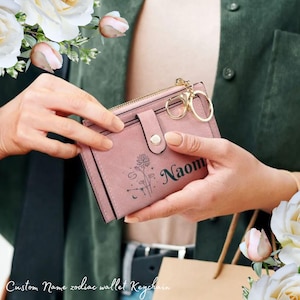 Cartera personalizada para mujer Llavero-Nombre personalizado, zodíaco, mini billetera de cuero PU de flores-Prefecto 16, 21, 30, 40, 50 regalo de cumpleaños para mujeres