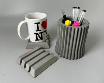 Concrete Pen Holder and Coaster Set For Student Gift Set Desk Accessories For Office Supplies Pen Holder and Drink Coaster For Graduation
