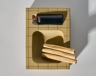 Yellow Hand-Poured Concrete Burning Tray – Palo Santo, Sage, Incense Holder – Brutalist Decor
