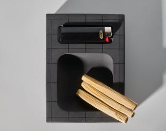 Black Hand-Poured Concrete Burning Tray – Palo Santo, Sage, Incense Holder – Brutalist Decor