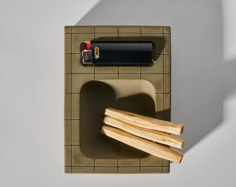 Olive Green Hand-Poured Concrete Burning Tray – Palo Santo, Sage, Incense Holder – Brutalist Decor