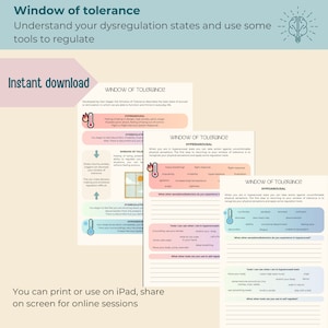 Puede incluir: Una descarga digital titulada "Ventana de tolerancia" con texto que explica los estados de desregulación y las herramientas para regular. La imagen incluye varias páginas con gráficos y listas, y las palabras "Descarga instantánea".