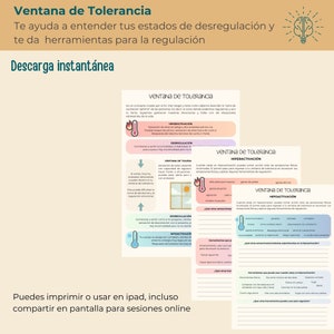 Puede incluir: Una hoja de trabajo imprimible con un diagrama del concepto de "Ventana de Tolerancia". El diagrama muestra tres estados de regulación: hiperactivación, hipoactivación y desregulación. La hoja de trabajo incluye indicaciones para identificar y gestionar estos estados. El texto "Descarga instantánea" aparece en la parte superior de la página.