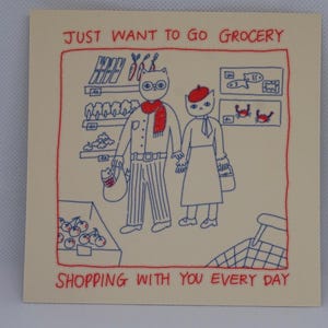 Carte postale faisant l'épicerie ensemble - Illustration de couple de chats mignons