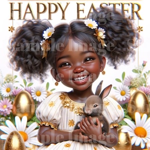 Frohe Ostern eCard mit Mädchen und Hase - Afroamerikanische Osterfeier - Frühlingsgrüße - Wunderliche Feiertage eCard für Kinder