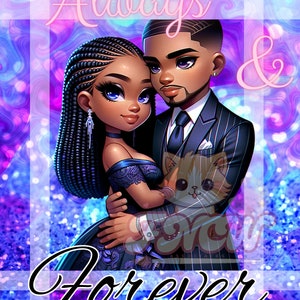 Cartão eletrônico encantador de casal afro-americano, Dia dos Namorados romântico, amor para sempre, arte digital, download instantâneo, fundo colorido