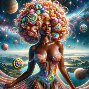 Op de afbeelding: Een vrouw met een grote, kleurrijke afro gemaakt van snoepspiralen en -ballen. Ze draagt een glinsterende, regenboogkleurige jurk en staat voor een sterrenhemel.