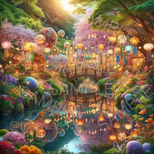 Op de afbeelding: Een sprookjesachtige scène met een houten brug over een kalme vijver, omringd door weelderig groen en kleurrijke bloemen. De vijver reflecteert de levendige lantaarns die aan de bomen hangen, waardoor een magische sfeer ontstaat.