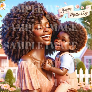 母と子の愛のアート e カード - アフリカ系アメリカ人の母と息子 - 花の母の日 - 心温まる - デジタル ダウンロード