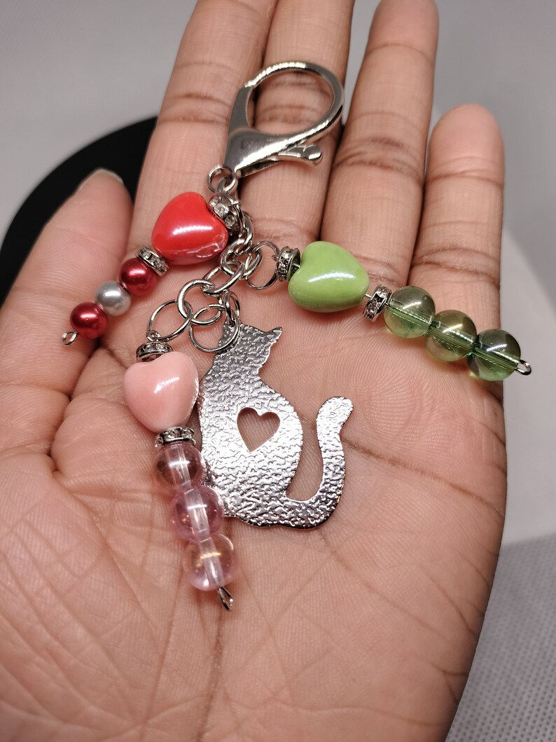 Colorful Beaded Cat Keychain With Heart Charm Multicolored Glass
