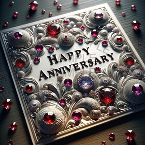 Può includere: Un biglietto d'argento con un design ornato con pietre preziose rosse e viola. Il biglietto dice "Happy Anniversary" in lettere nere.