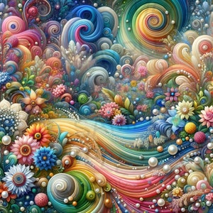Può includere: Un dipinto astratto colorato con vortici di blu, verde, giallo, arancione e rosso. Il dipinto presenta una varietà di fiori e foglie in tonalità di rosa, viola e bianco. Lo sfondo è un motivo a spirale di colori.