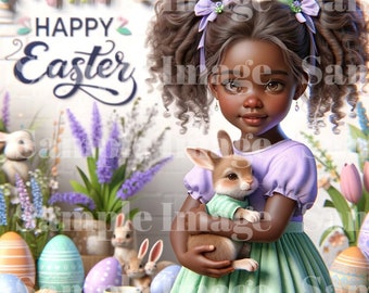 African American Girl Easter eCard - Happy Easter Bunny Greetings - Whimsical Spring Celebration - Charming Kids' Holiday eCard