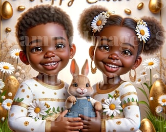 African American Kids Easter eCard - Happy Easter with Bunny - Spring Holiday eCard - Cute Children's Easter Celebration