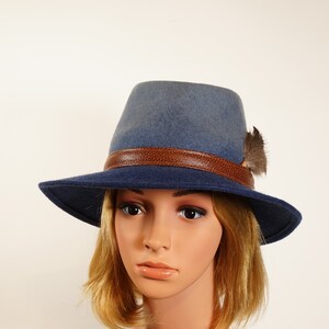 Light to Dark Blue Wool Felt Fedora with Brown Leather Band