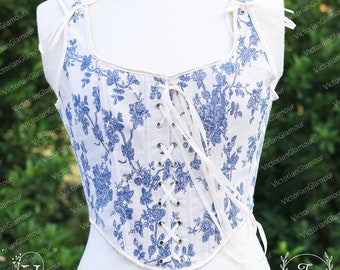 Floral Milkmaid Overbust Corset, Renaissance Fair Bodice Corset, Medieval Fairy Cottagecore Corset, Elegant White Botanical Printed Corset