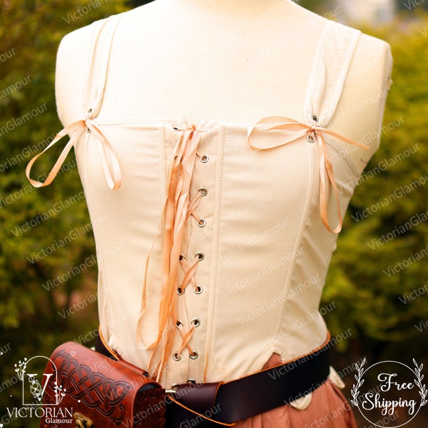 Renaissance Overbust Corset Top, Ren Faire Prom Dress Corset Stays, Elegant Fairycore Bustier Top, Unique Beige/Black & Green Womens Corset