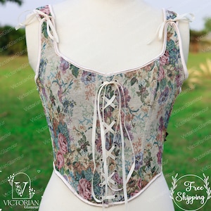 Renaissance Milkmaid Corset Top, Floral Overbust Lace up Corset, Medieval Prom Dress Corset, Ren Faire Victorian Retro Corset with Straps