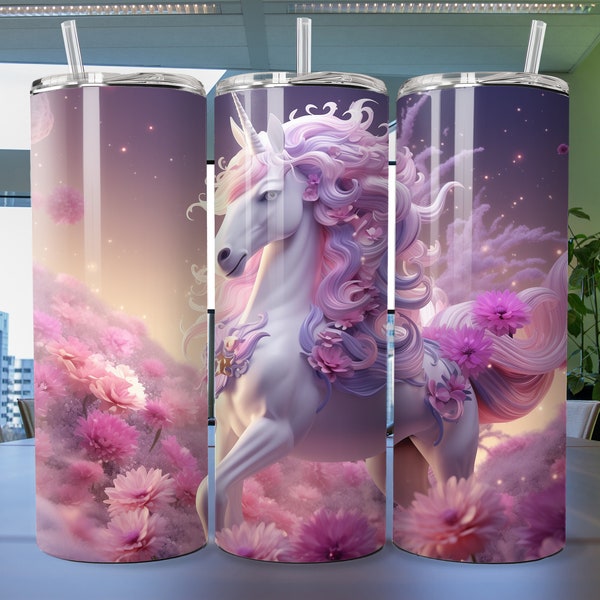 Tumbler Wrap Unicorn 20oz PNG Linda imagen 3d Sublimación Diseño sin costuras Descarga digital instantánea PNG