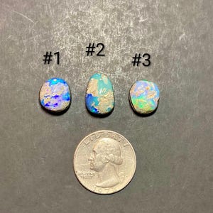 Puede incluir: Se muestran tres piedras de ópalo pulidas con colores vibrantes, incluyendo azul, verde y blanco. Los ópalos están etiquetados como #1, #2 y #3. Se coloca una moneda debajo para comparar el tamaño. Los ópalos tienen una textura rugosa y natural.
