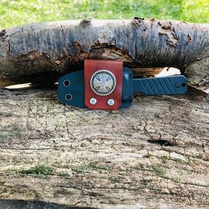 Neck Knife With Custom Made Leather Belt Loop With Stainless Steel Cross Concho