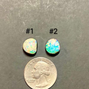 Puede incluir: Dos piedras preciosas de ópalo, etiquetadas #1 y #2, con colores iridiscentes de azul, verde y amarillo. Una moneda de veinticinco centavos se coloca debajo para comparar el tamaño. Las piedras están sobre una superficie gris.