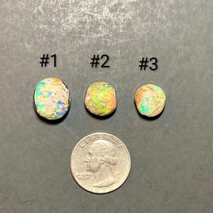Puede incluir: Tres piedras preciosas de ópalo iridiscente de diferentes tamaños se muestran junto a una moneda de veinticinco centavos estadounidense para dar escala. Las piedras preciosas están numeradas #1, #2 y #3. Los ópalos exhiben una gama de colores, incluyendo verde, azul y naranja.