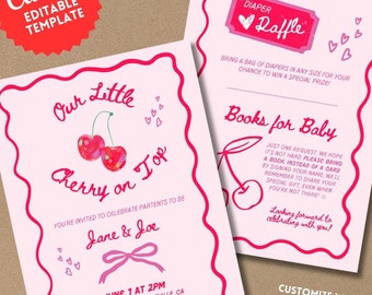 Cherry Baby Shower Invite | DIY Editable Invitation Template for Canva | Cherry on Top, Diaper Raffle, Books for Baby