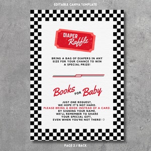 May include: A black and white checkered background with a red and white ticket that says "Diaper Raffle". The text below the ticket says "Bring a bag of diapers in any size for your chance to win a special prize!"  The text below that says "Books for Baby" in red and white. The text below that says "Just one request, we hope it's not hard. Please bring a book instead of a card. By signing your name, we'll remember to share your special gift, even when you're not there!"