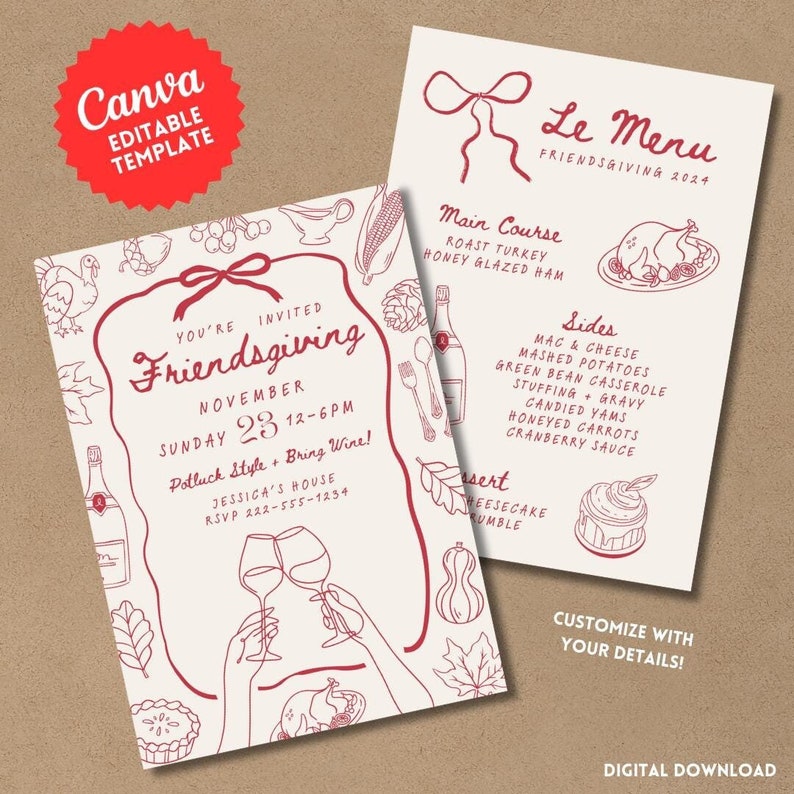 Menu Order Invite Friendsgiving Invite and Menu | DIY Editable Invitation Template for ...