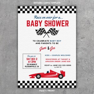 May include: A baby shower invitation with a checkered racing flag design. The invitation says "Race on over for a... Baby Shower" and includes the date, time, and location of the event. It also says "To celebrate baby boy and parents to be Jane & Joe" and includes RSVP information.