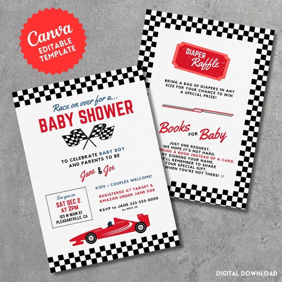 Race Car Baby Shower Invite | DIY Editable Invitation Template for Canva | Racing, Hot Wheels, NASCAR, Diaper Raffle, Books for Baby