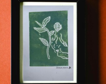 Grabado en linóleo de obra de arte original firmada