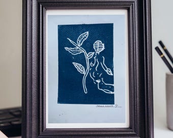 Grabado en linóleo de obra de arte original firmada