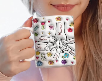Custom Up to Kids Holding Mom‘s Hand 3D Inflated Effect Mug, Personalized 3D Effect Printed Mug, Gift For Nana, Mom, Mother's Day Gift 2024