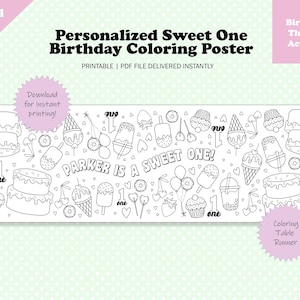 Personalized Sweet One Coloring Birthday Table Runner for 1st Birthday Sweet One Birthday Party Activity for First Birthday Digital File