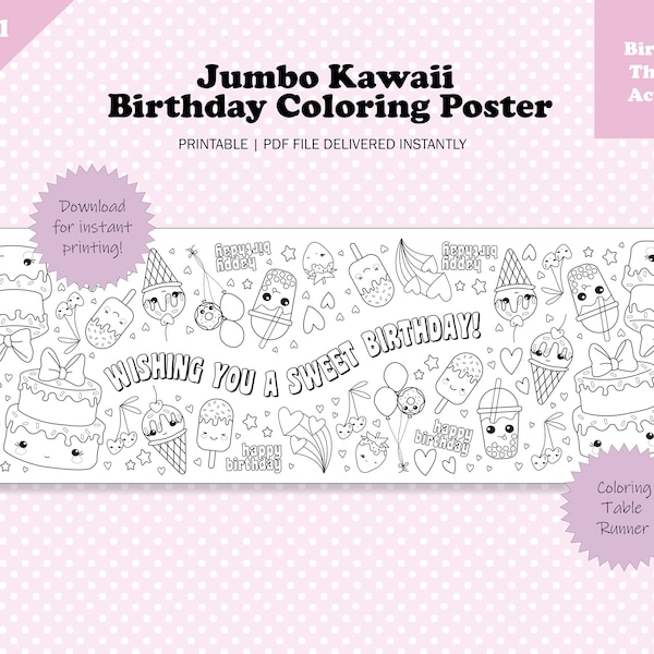 Giant Sweet Kawaii Coloring Table Runner, Any Age Cutie Cute Japanese Inspired Birthday Day Poster Page, Jumbo Sheet Digital Print
