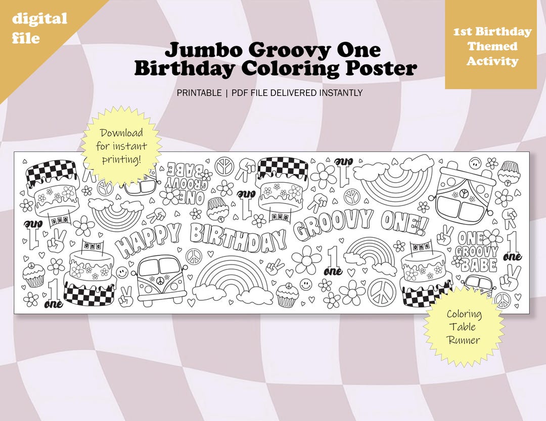 Groovy One Birthday Coloring Table Runner for 1st Birthday One Groovy ...